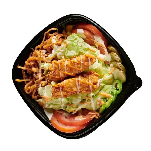 A BurgerFi chicken tender Bowl served in a black bowl.